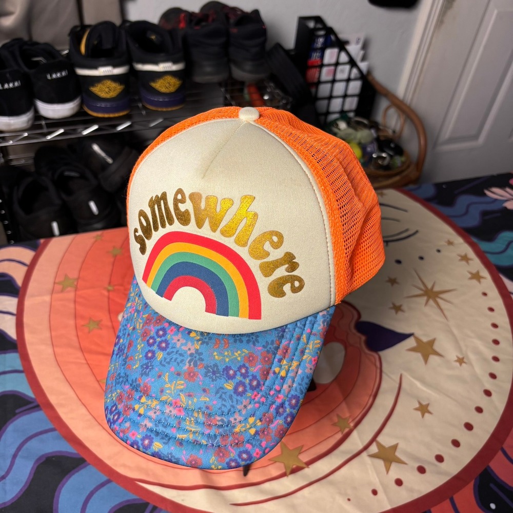 Natural Life Somewhere Rainbow Trucker Hat Orange Mesh Floral Brim Snapback